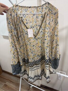 Free People Lightweight Floral Peasant Tunic in Yellow and Blue
